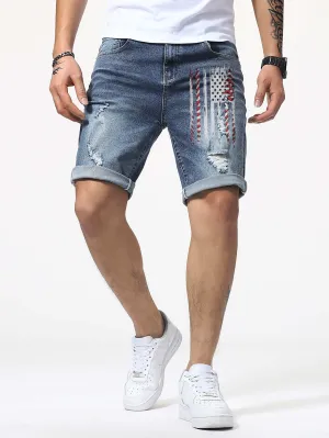 Blue American Flag Graphic Print Distressed Men's Denim Shorts