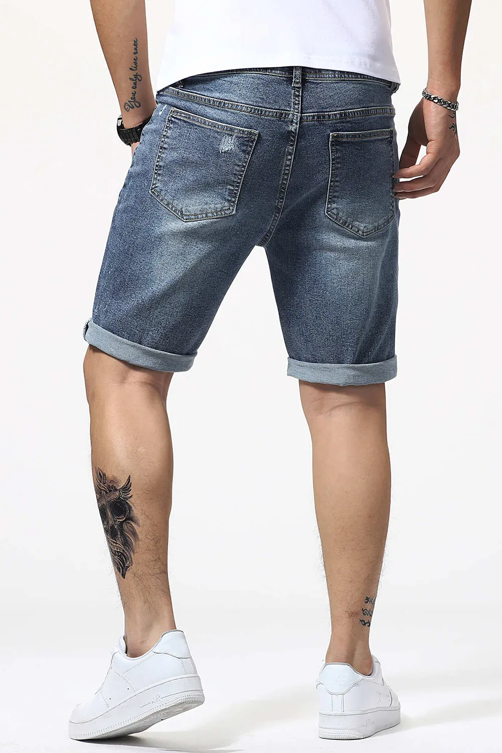 Blue American Flag Graphic Print Distressed Men's Denim Shorts