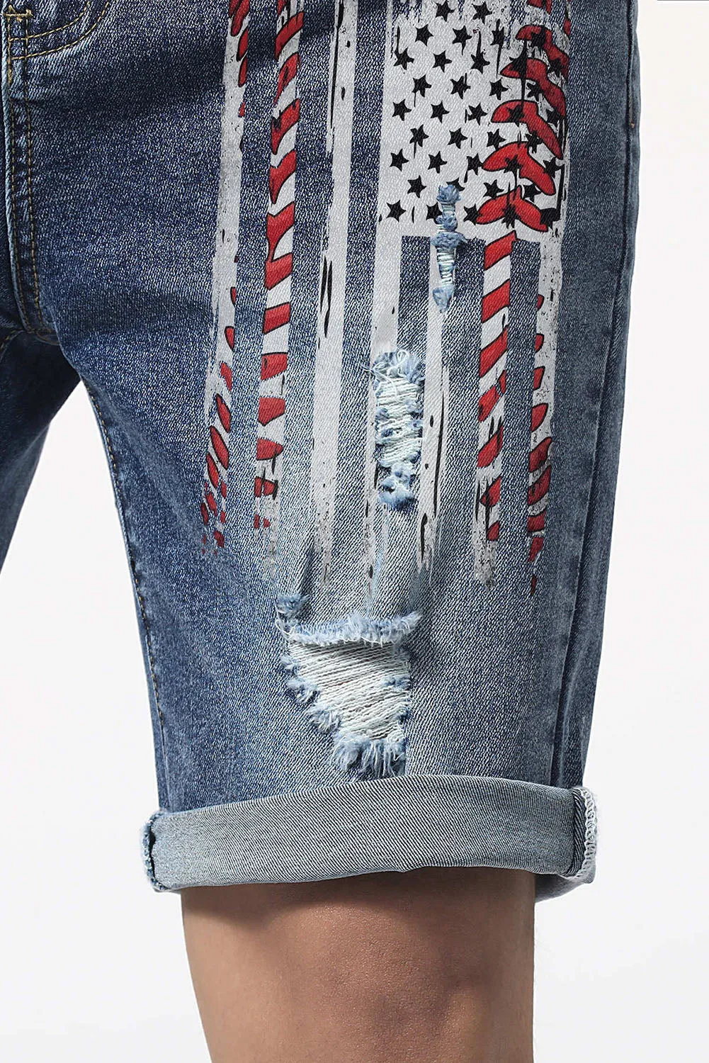 Blue American Flag Graphic Print Distressed Men's Denim Shorts