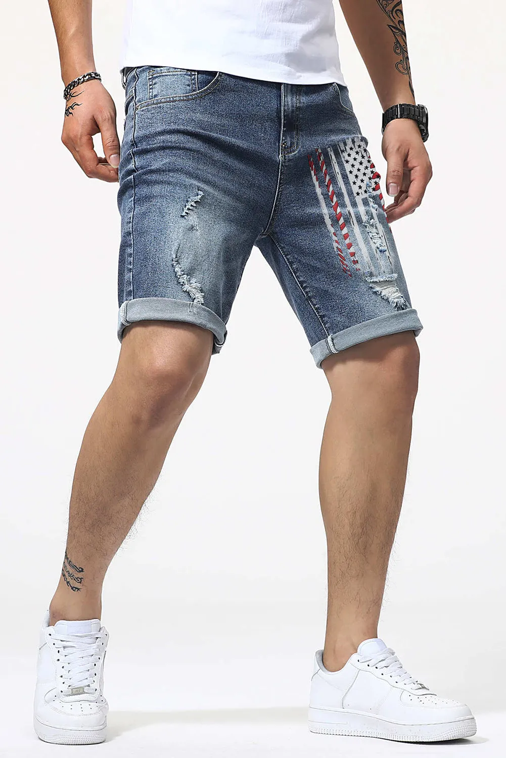 Blue American Flag Graphic Print Distressed Men's Denim Shorts