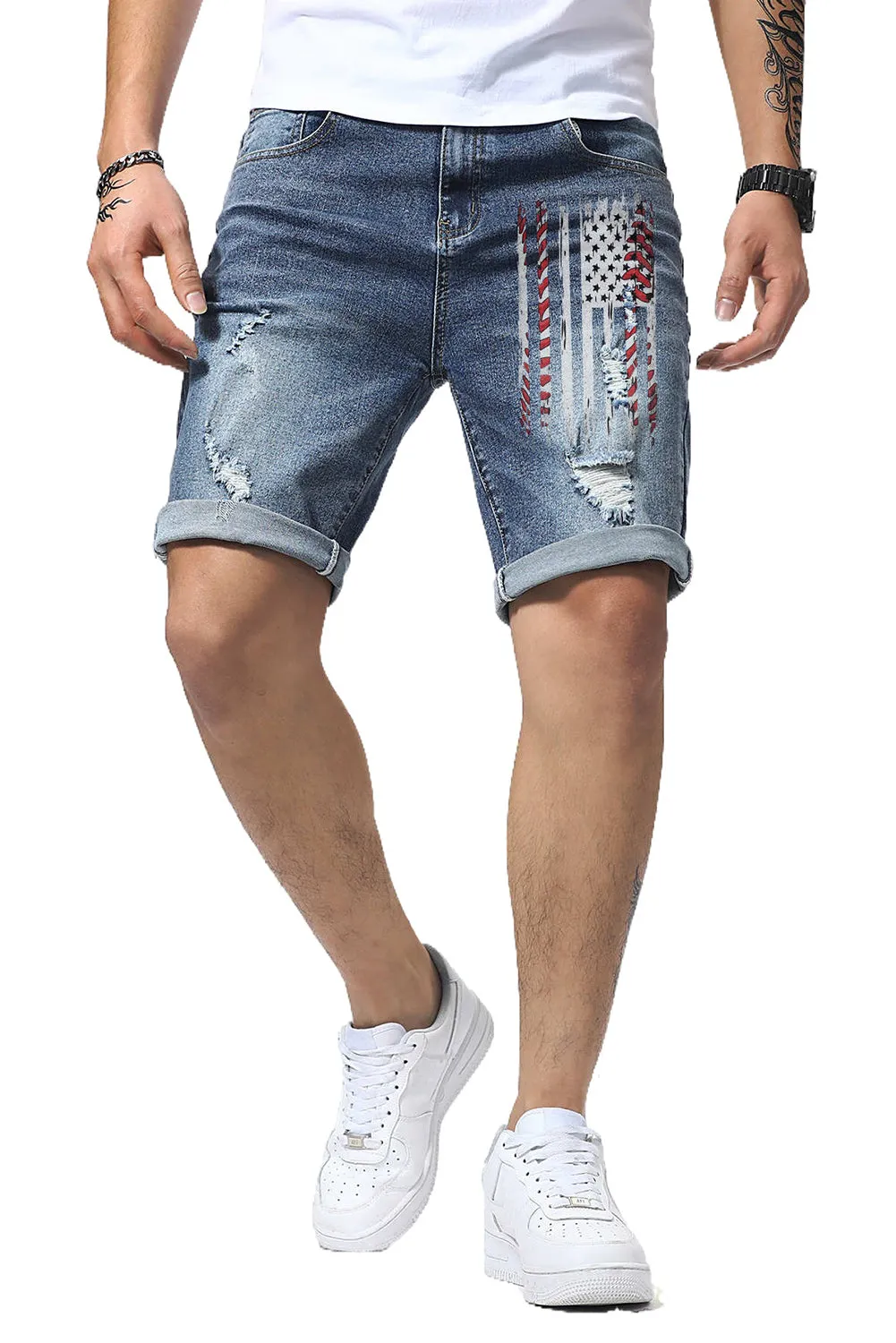 Blue American Flag Graphic Print Distressed Men's Denim Shorts