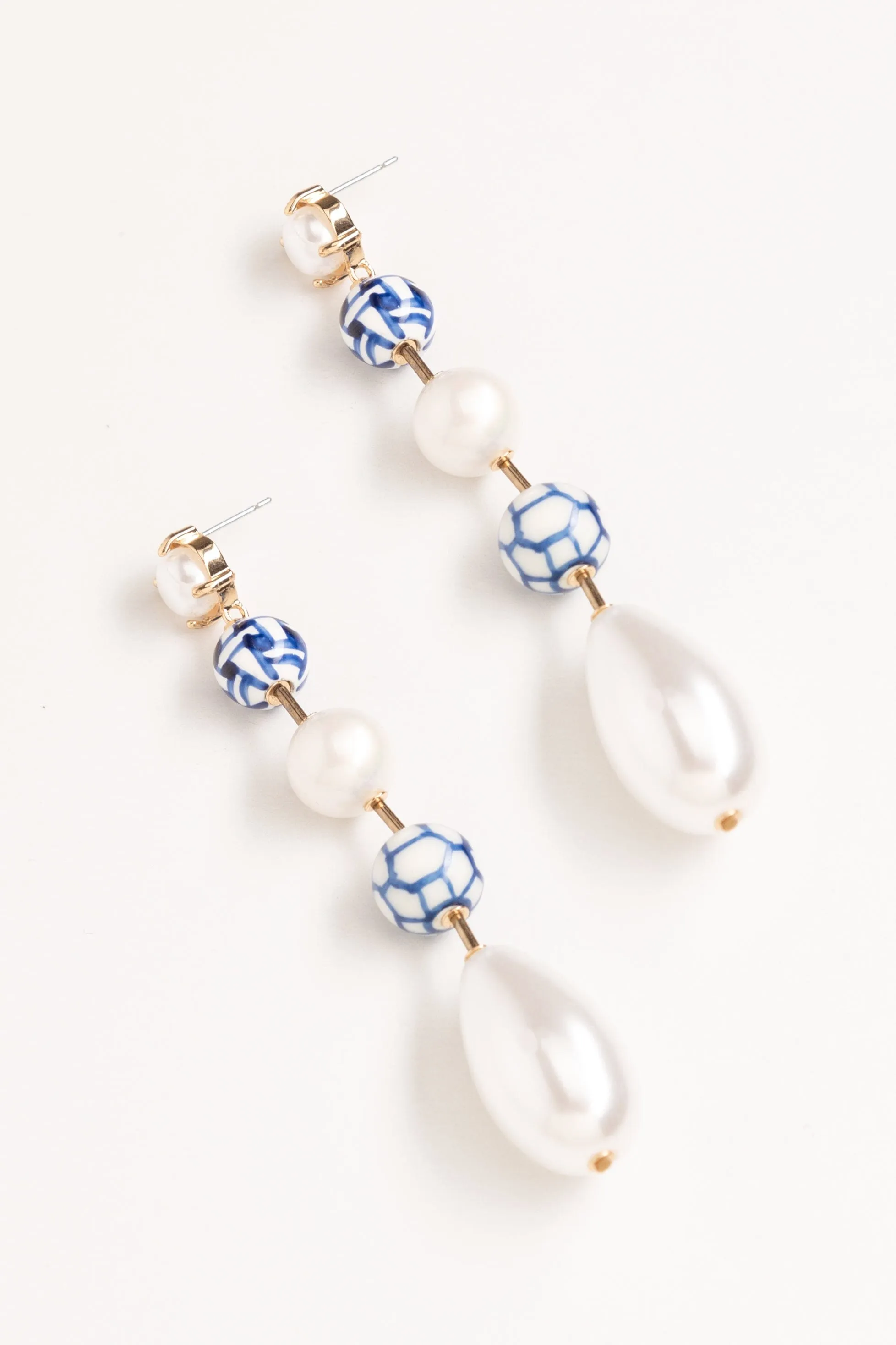 Blue and White Pearl Single Drop Earrings