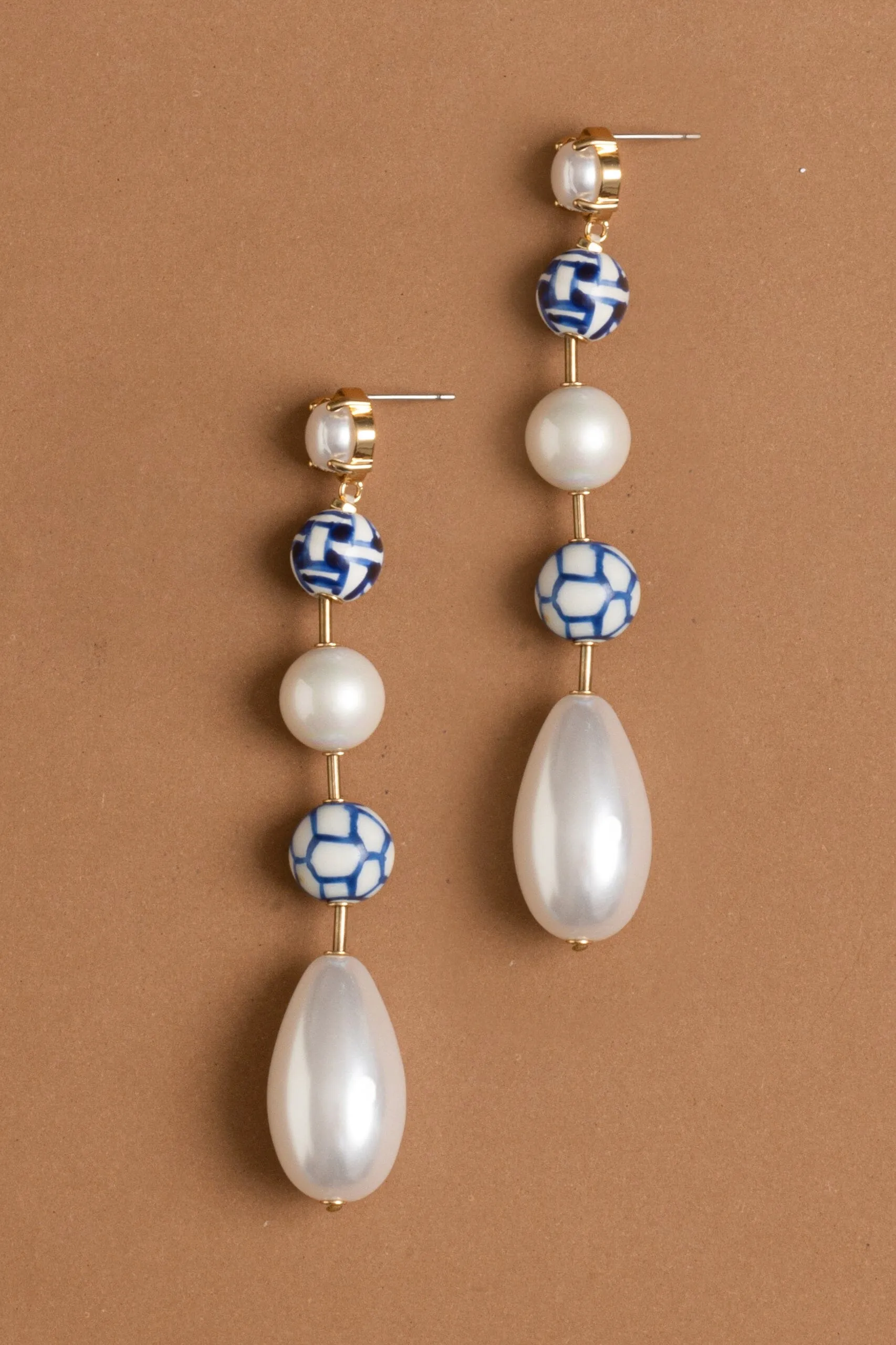 Blue and White Pearl Single Drop Earrings