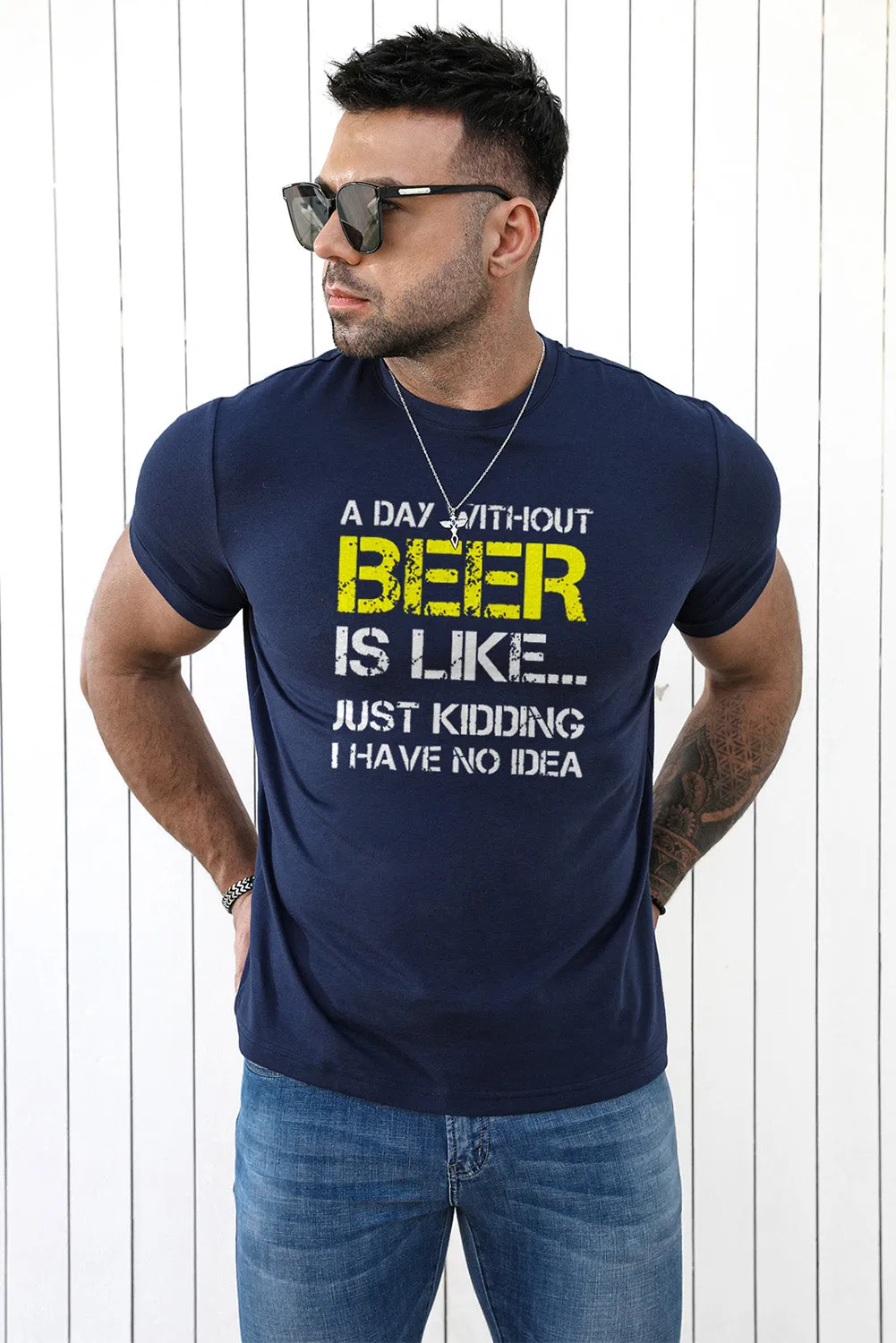 Blue BEER Letter Printed Slim-fit Short Sleeve Men's T Shirt