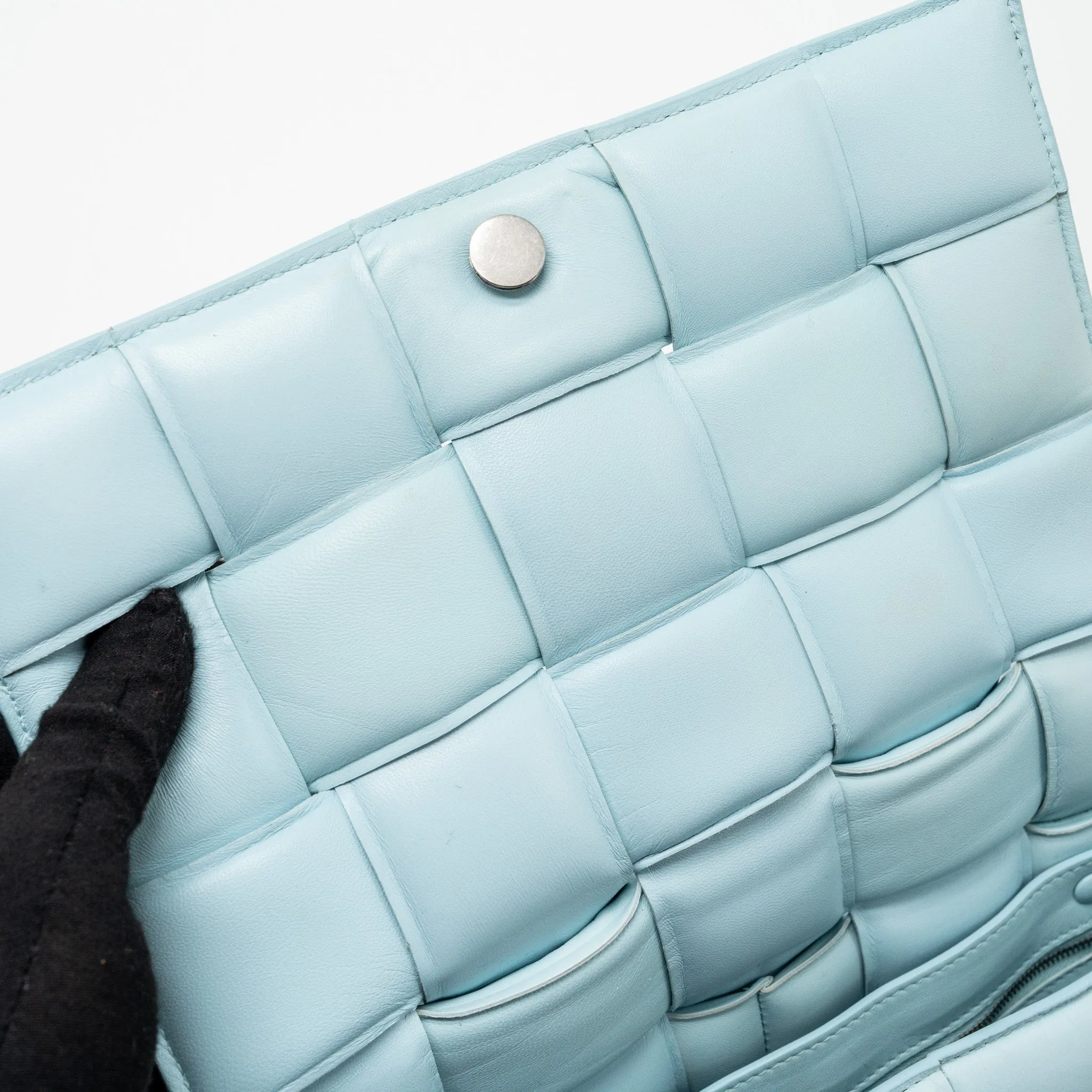 Bottega Veneta padded cassette soft lambskin light blue SHW