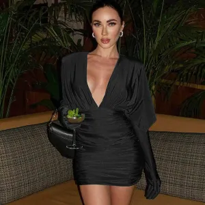 Boutique Fashion Sexy V-Neck Bodycon Mini Dress for Women Elegant Gown Party Club Draped Gloves Dresses