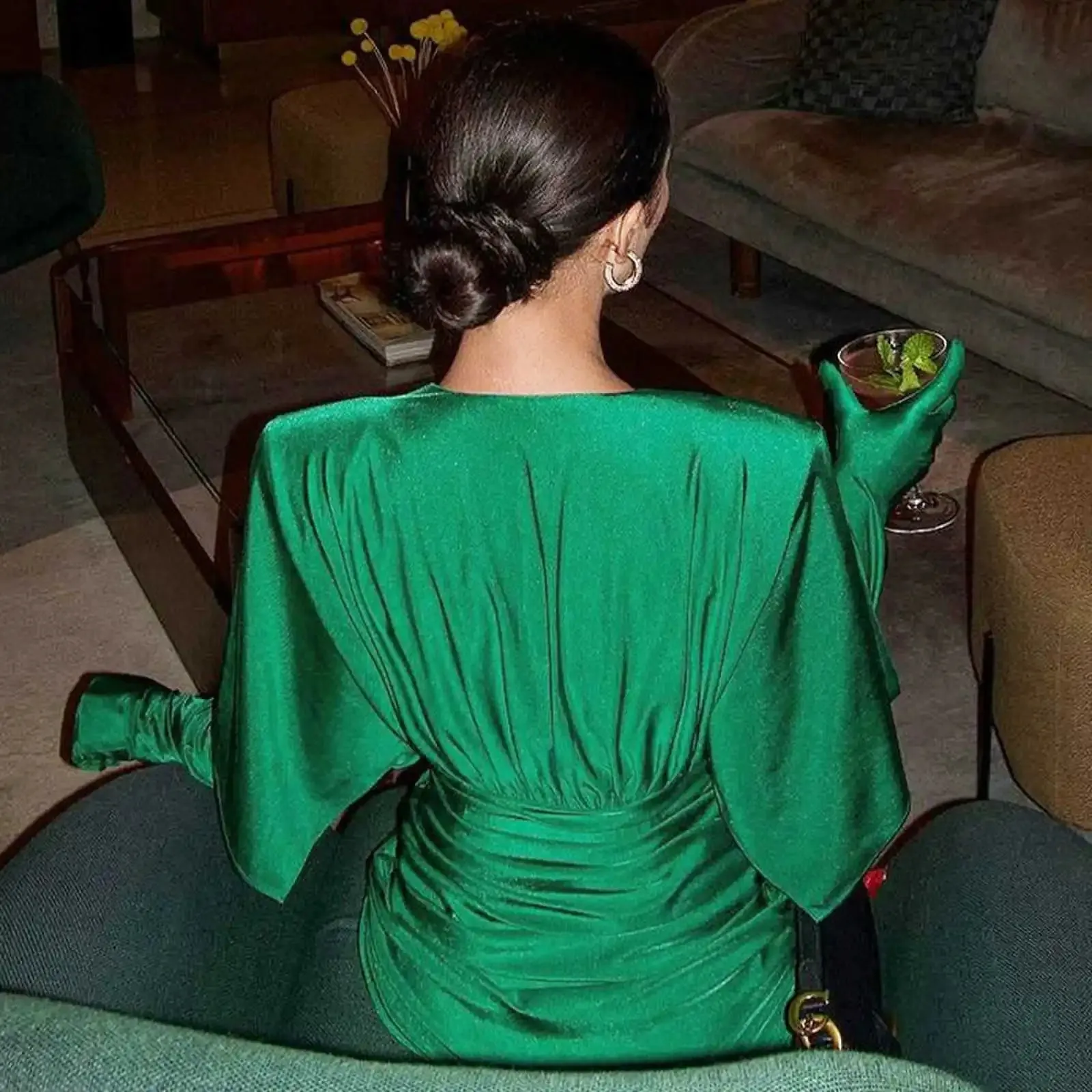 Boutique Fashion Sexy V-Neck Bodycon Mini Dress for Women Elegant Gown Party Club Draped Gloves Dresses