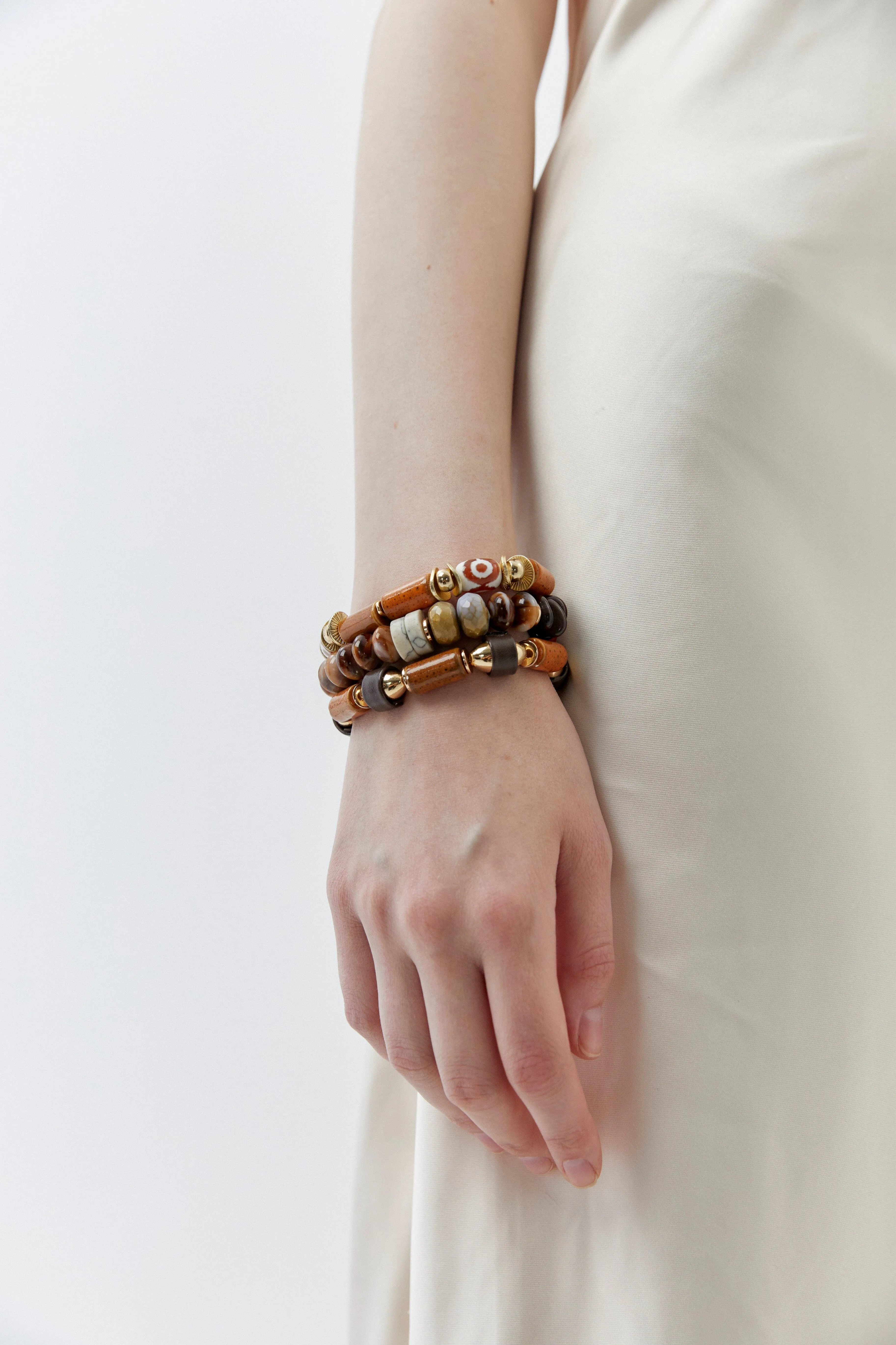 Brown Decorated Bead Stretchy Bracelet