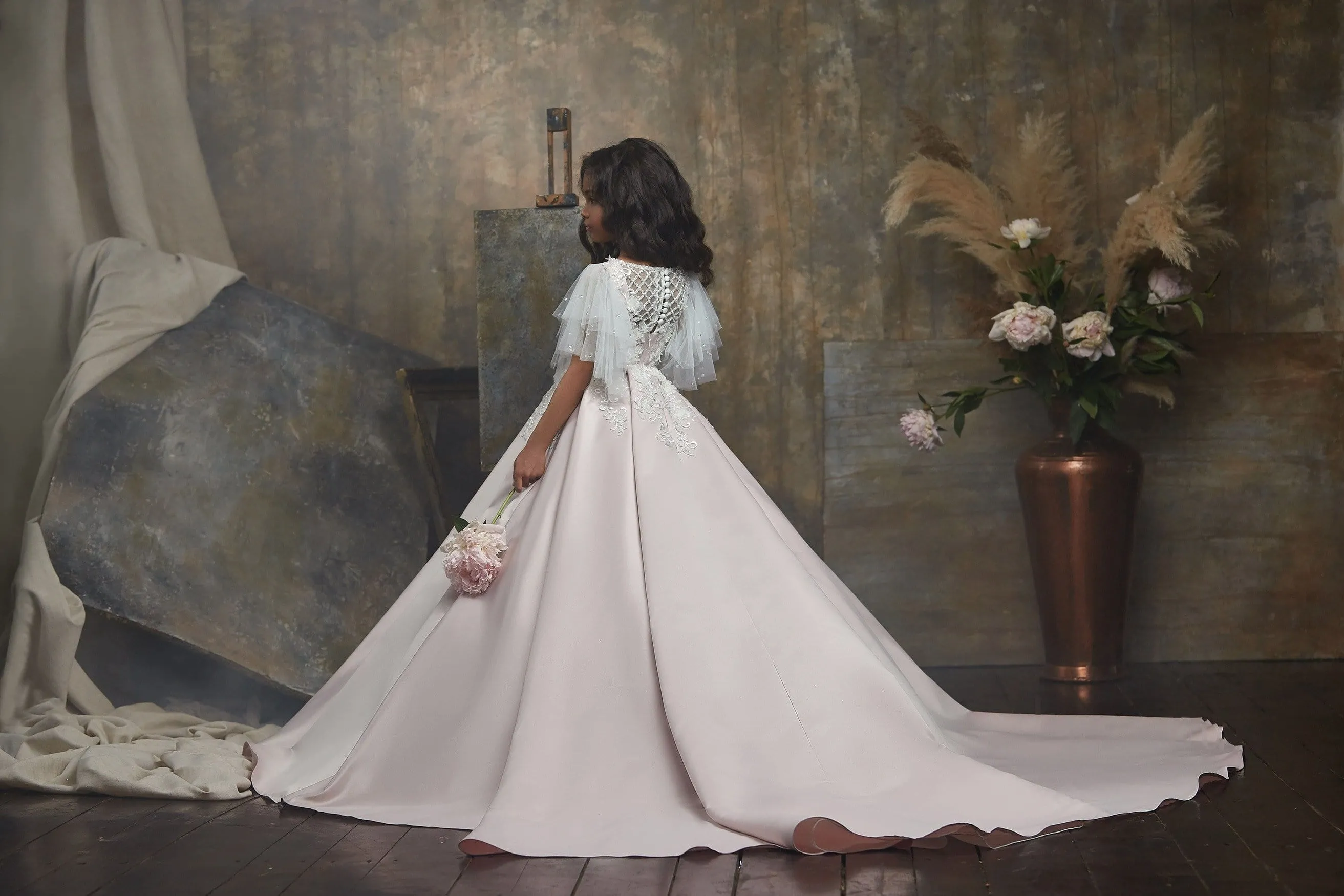 Butterfly Sleeve Girls Blush Ball Gown Dress