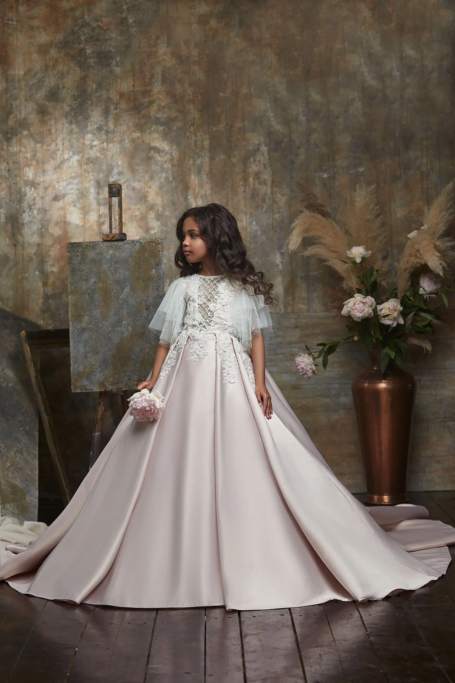 Butterfly Sleeve Girls Blush Ball Gown Dress