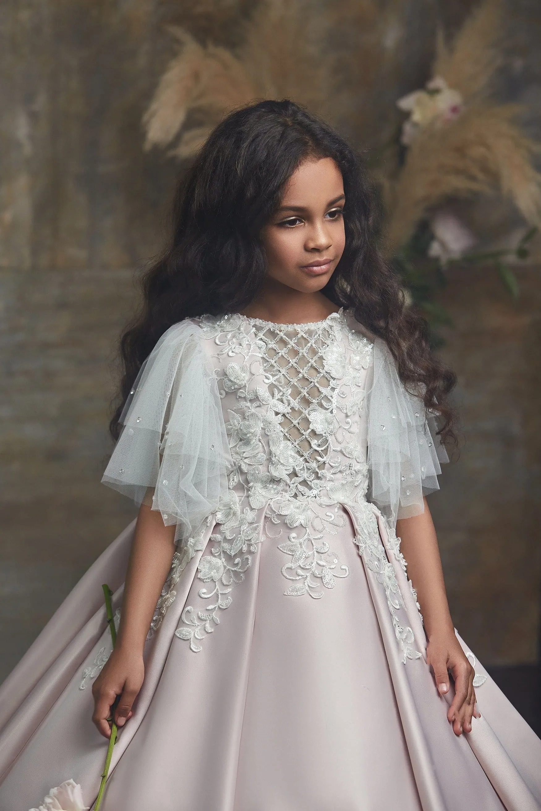 Butterfly Sleeve Girls Blush Ball Gown Dress