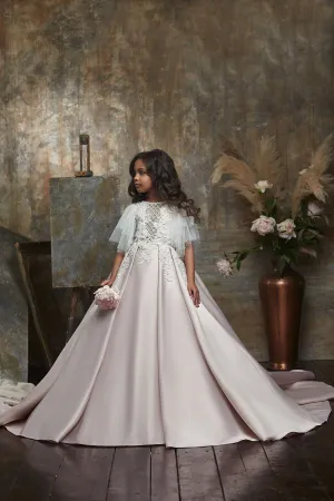 Butterfly Sleeve Girls Blush Ball Gown Dress
