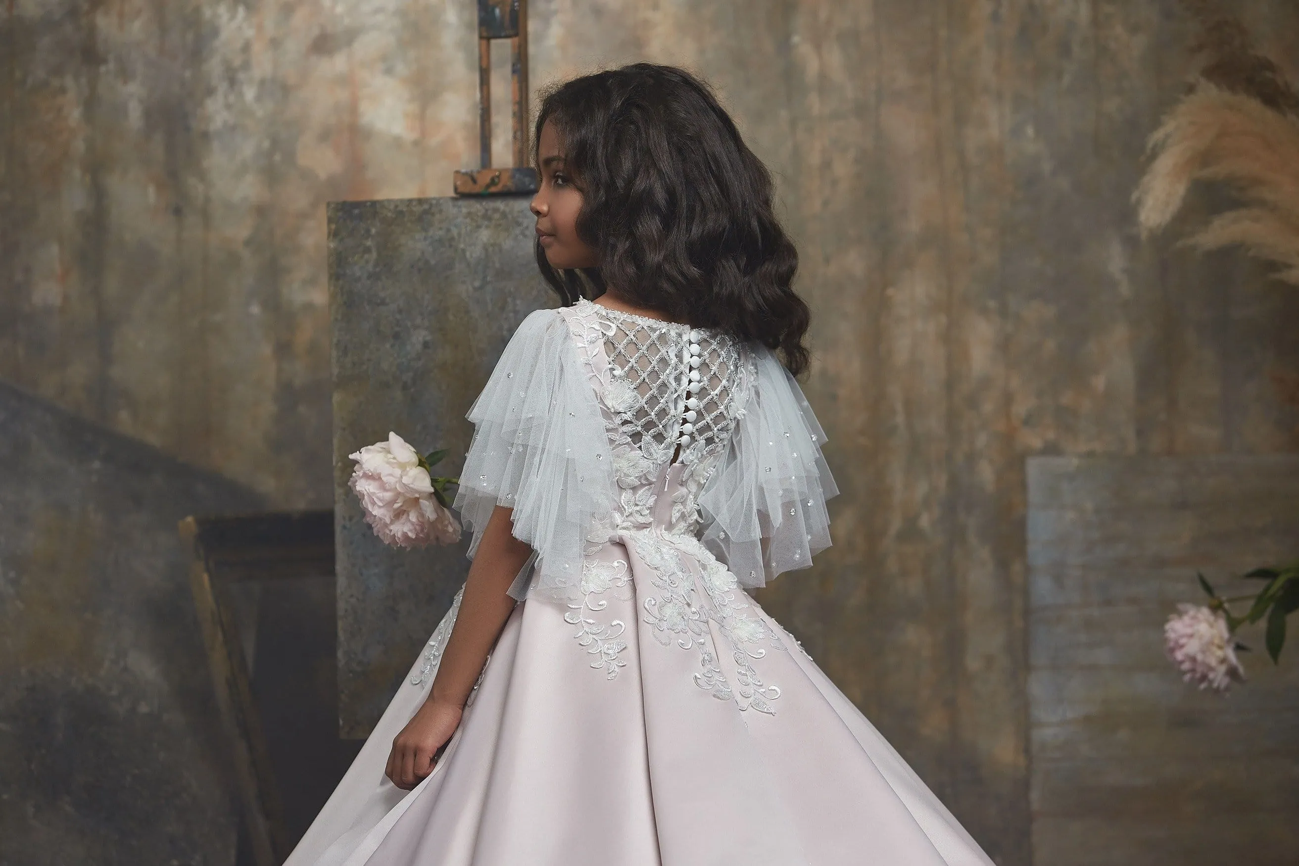 Butterfly Sleeve Girls Blush Ball Gown Dress