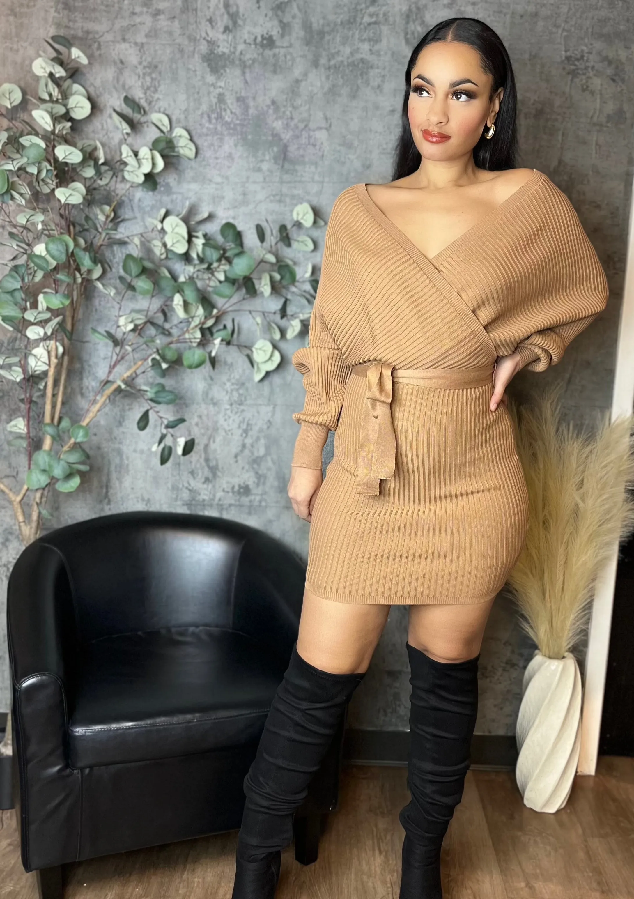 Camel Knit Sweater Mini Dress