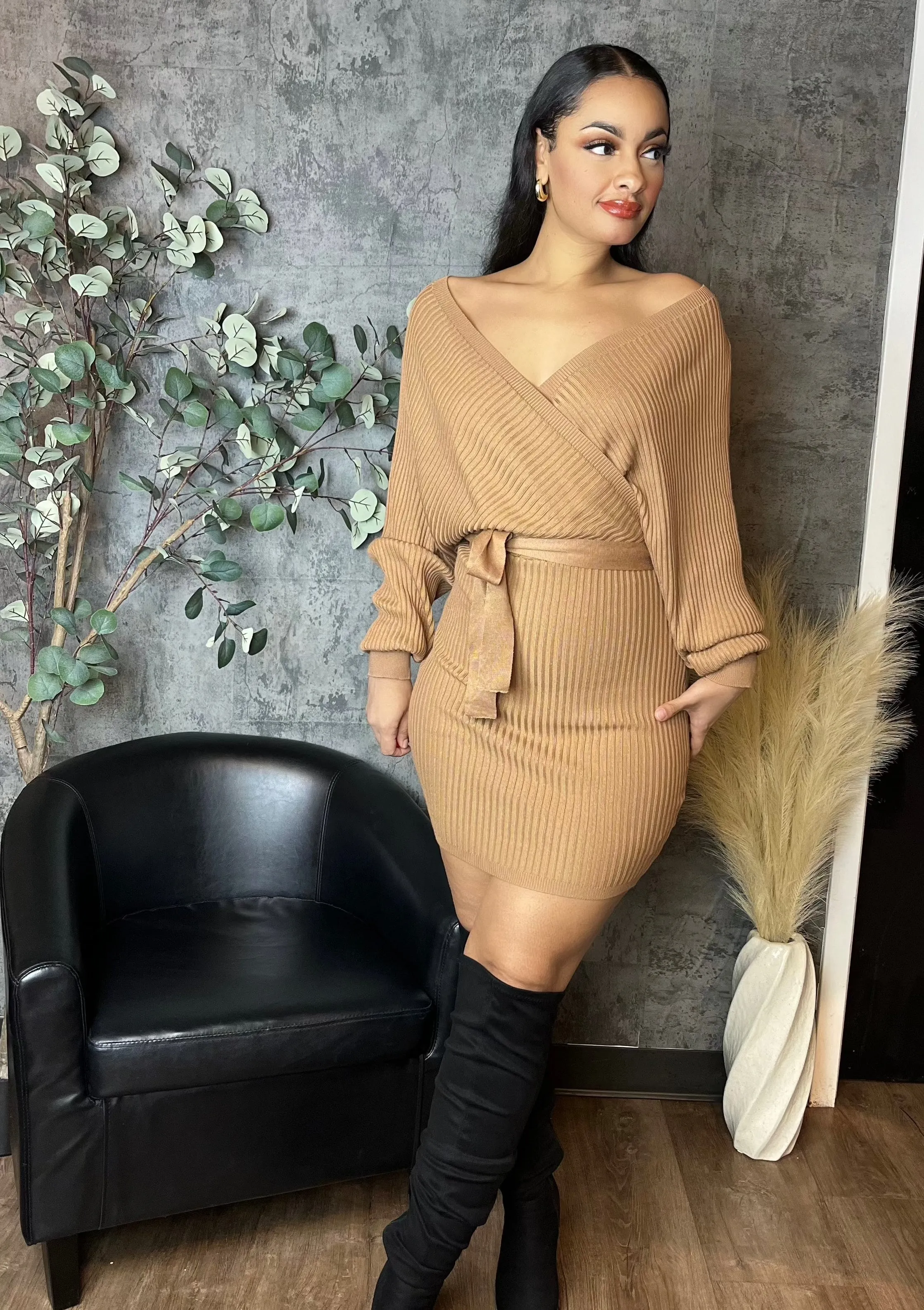 Camel Knit Sweater Mini Dress