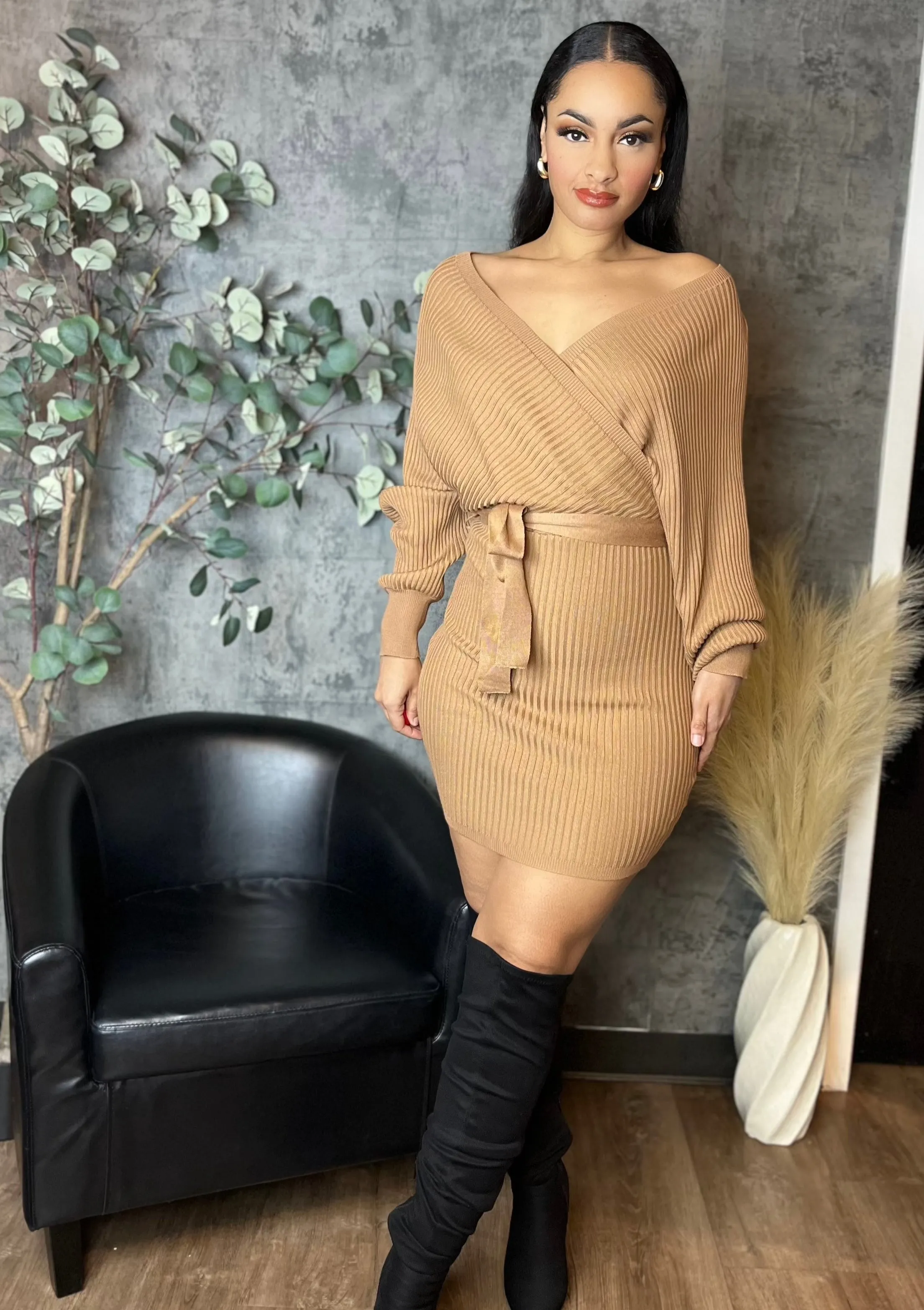 Camel Knit Sweater Mini Dress