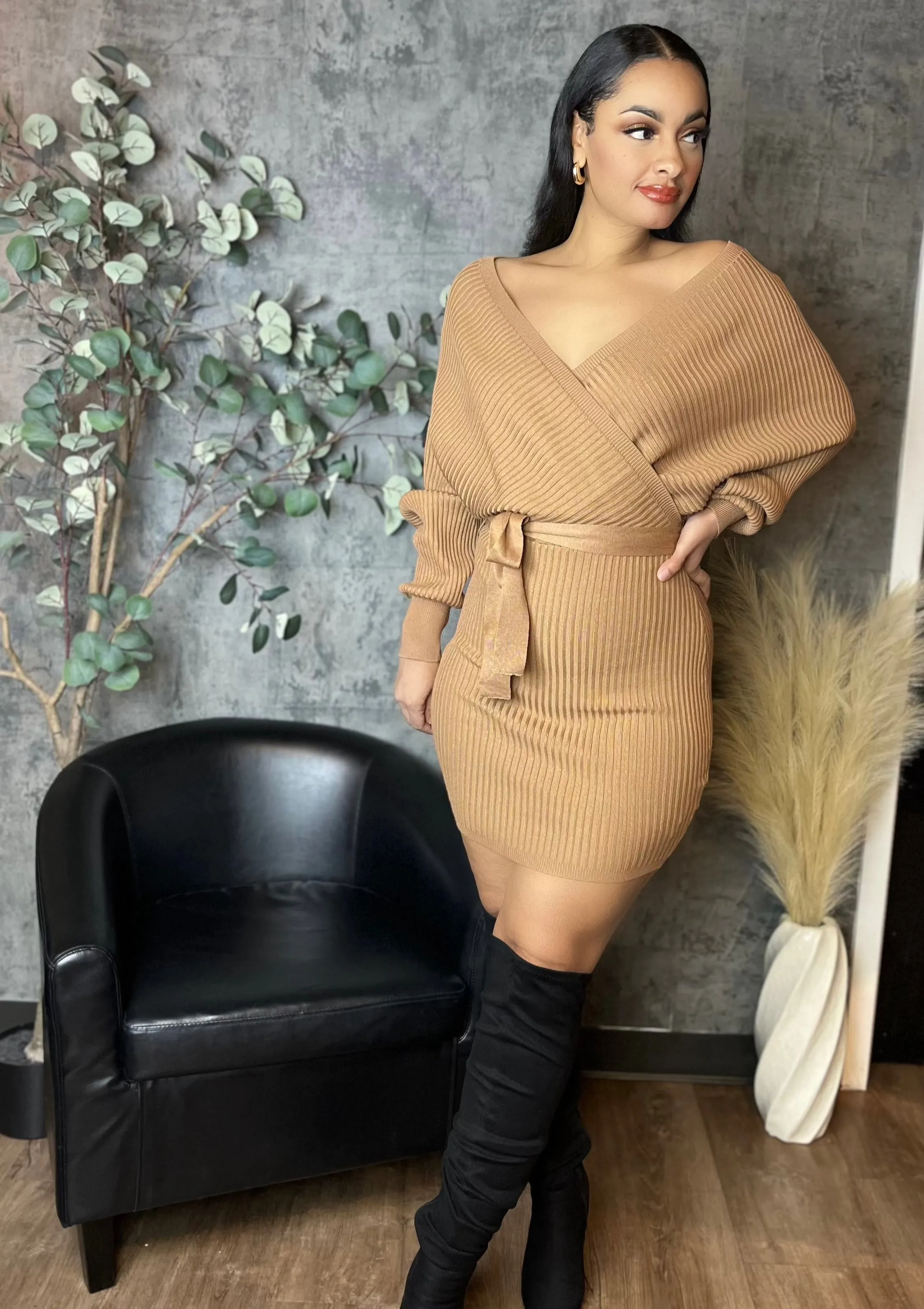 Camel Knit Sweater Mini Dress