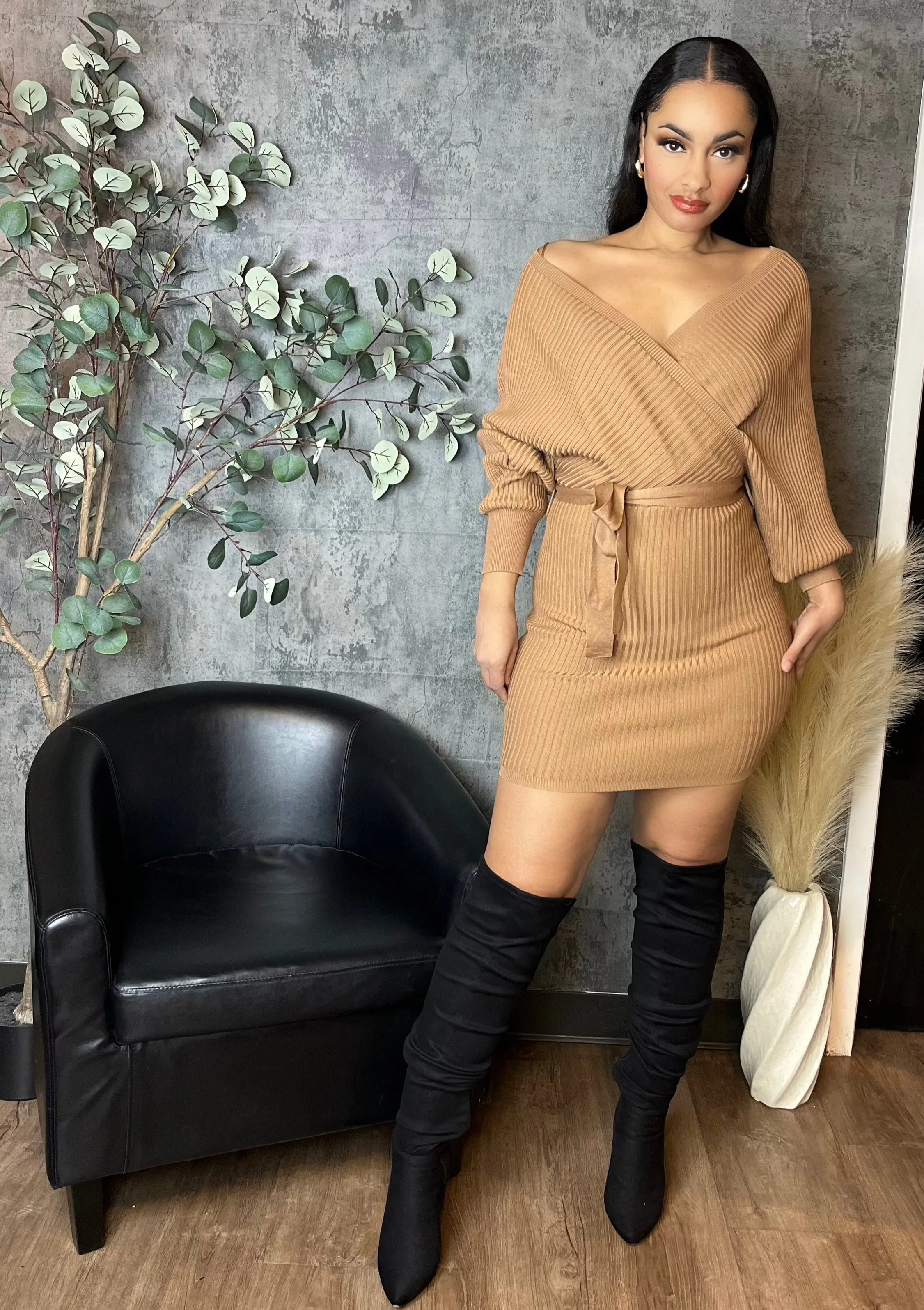 Camel Knit Sweater Mini Dress