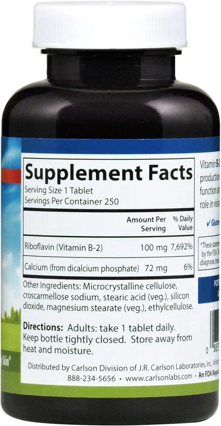 Carlson - B-2, 100 mg Riboflavin, Energy Production, Vision Support & Healthy Skin, 250 Vegetarian Tablets