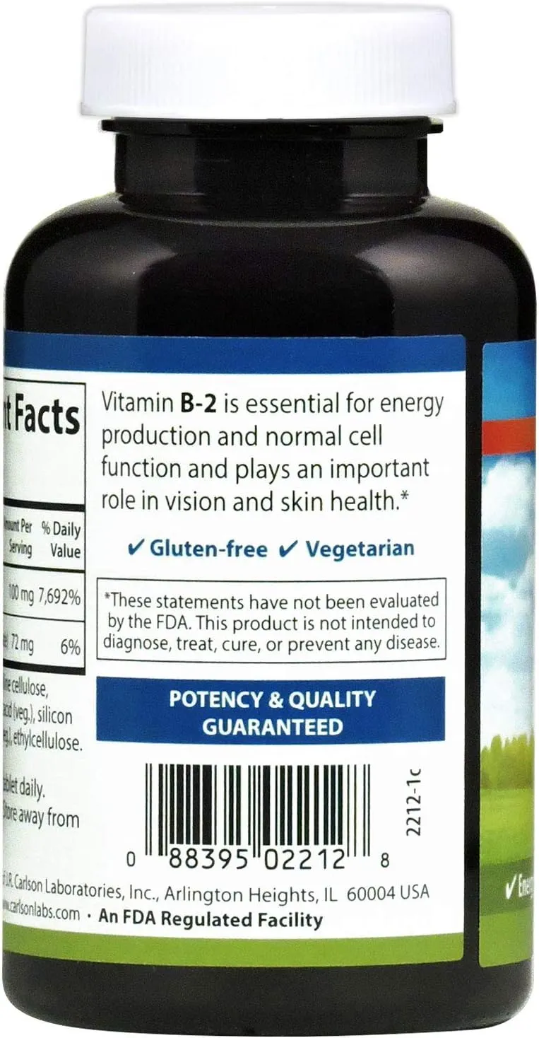 Carlson - B-2, 100 mg Riboflavin, Energy Production, Vision Support & Healthy Skin, 250 Vegetarian Tablets