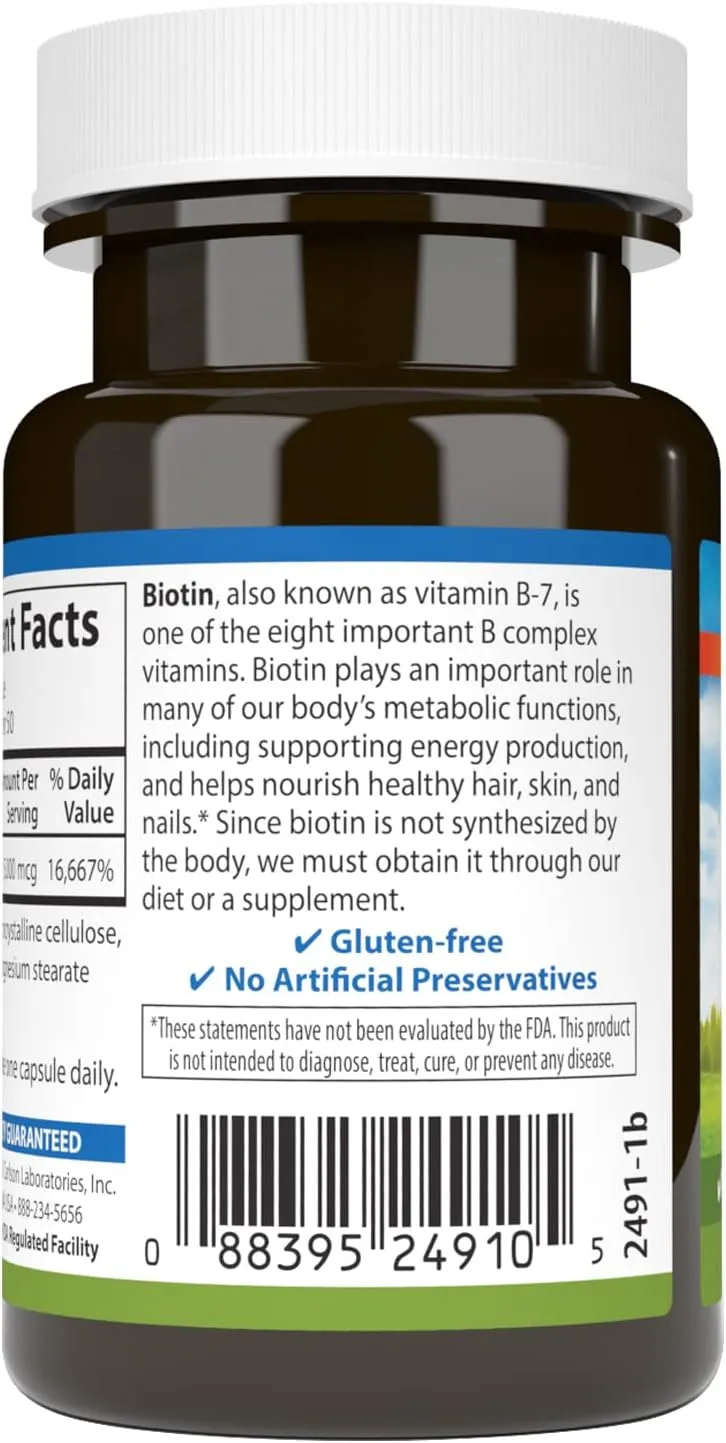 Carlson - Biotin, 5000 mcg, Healthy Hair, Strong Nails & Energy Production, 50 Capsules