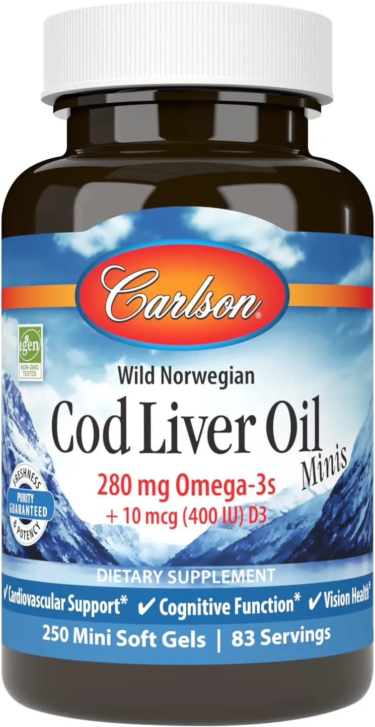 Carlson - Cod Liver Oil Minis, 280 mg Omega-3s   Vitamins A & D3, Heart Support & Cognitive Function, Vision Health, 250 Mini Soft Gels