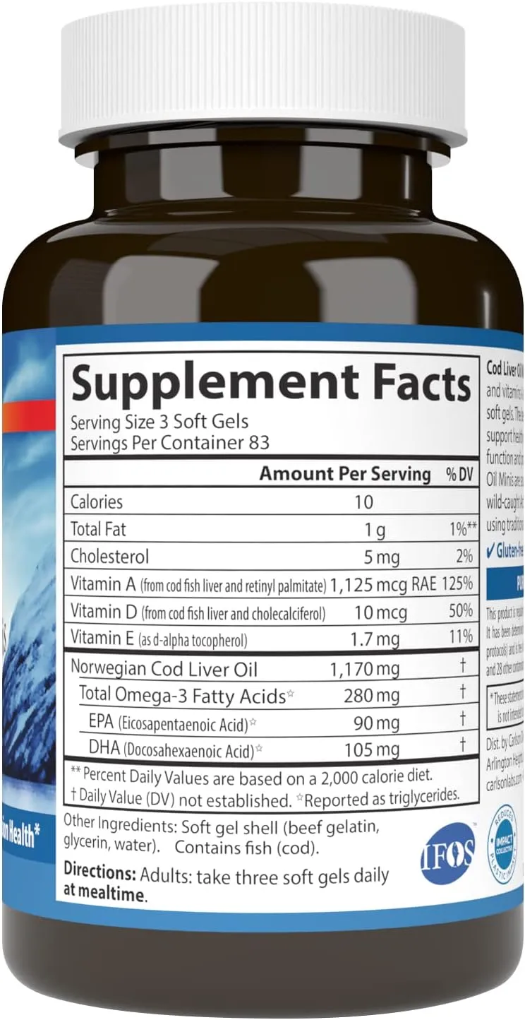 Carlson - Cod Liver Oil Minis, 280 mg Omega-3s   Vitamins A & D3, Heart Support & Cognitive Function, Vision Health, 250 Mini Soft Gels