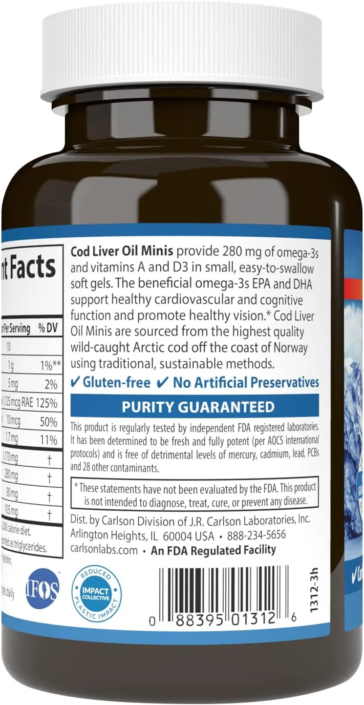 Carlson - Cod Liver Oil Minis, 280 mg Omega-3s   Vitamins A & D3, Heart Support & Cognitive Function, Vision Health, 250 Mini Soft Gels