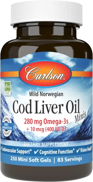 Carlson - Cod Liver Oil Minis, 280 mg Omega-3s   Vitamins A & D3, Heart Support & Cognitive Function, Vision Health, 250 Mini Soft Gels