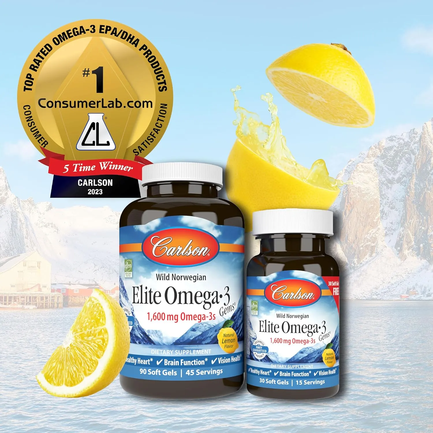 Carlson - Elite Omega-3 Gems, 1600 mg Omega-3 Fatty Acids Including EPA and DHA, Norwegian Fish Oil Supplement, Wild Caught, Sustainably Sourced Capsules, Lemon, 90 30 Softgels