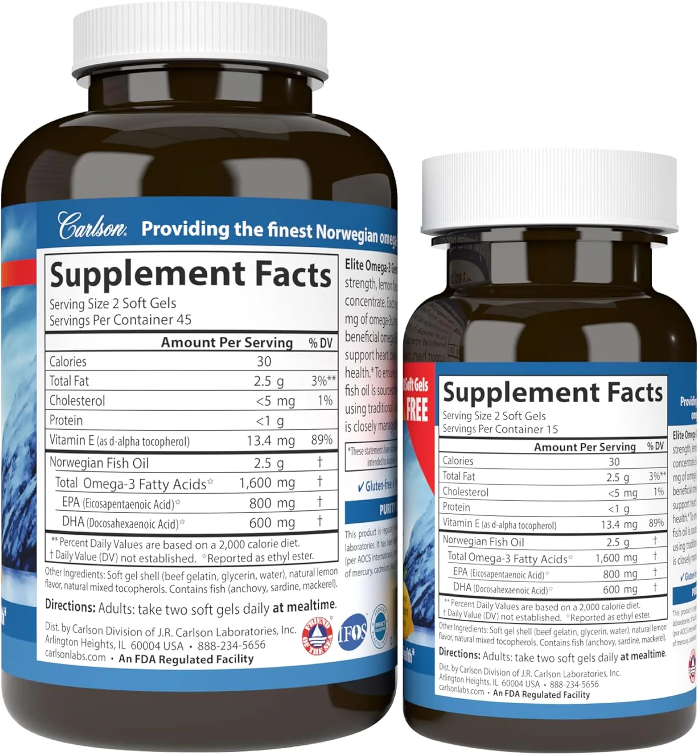 Carlson - Elite Omega-3 Gems, 1600 mg Omega-3 Fatty Acids Including EPA and DHA, Norwegian Fish Oil Supplement, Wild Caught, Sustainably Sourced Capsules, Lemon, 90 30 Softgels