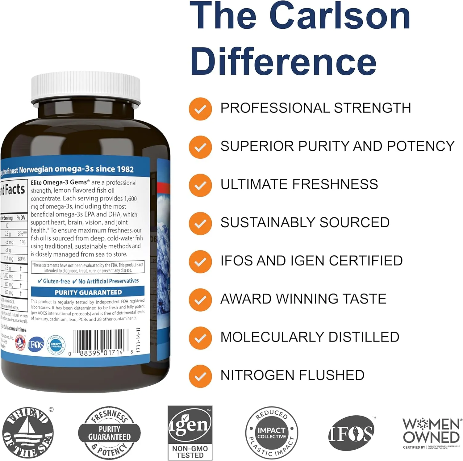 Carlson - Elite Omega-3 Gems, 1600 mg Omega-3 Fatty Acids Including EPA and DHA, Norwegian Fish Oil Supplement, Wild Caught, Sustainably Sourced Capsules, Lemon, 90 30 Softgels