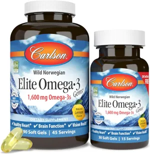 Carlson - Elite Omega-3 Gems, 1600 mg Omega-3 Fatty Acids Including EPA and DHA, Norwegian Fish Oil Supplement, Wild Caught, Sustainably Sourced Capsules, Lemon, 90 30 Softgels
