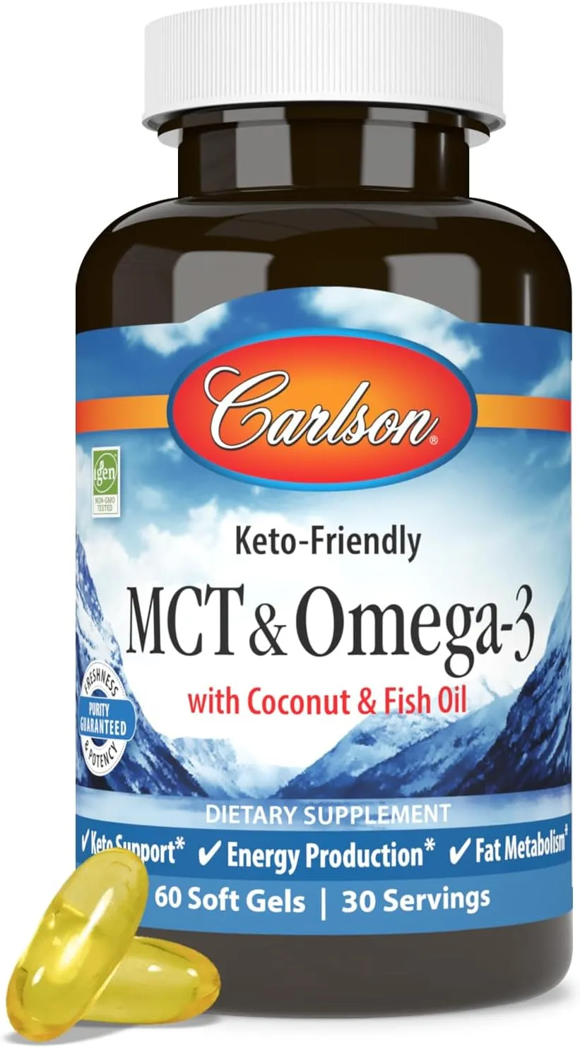Carlson - MCT & Omega-3, Coconut Oil, Caprylic & Capric Acids, EPA & DHA, Energy Production, Fat Metabolism & Brain Health, 120 Softgels