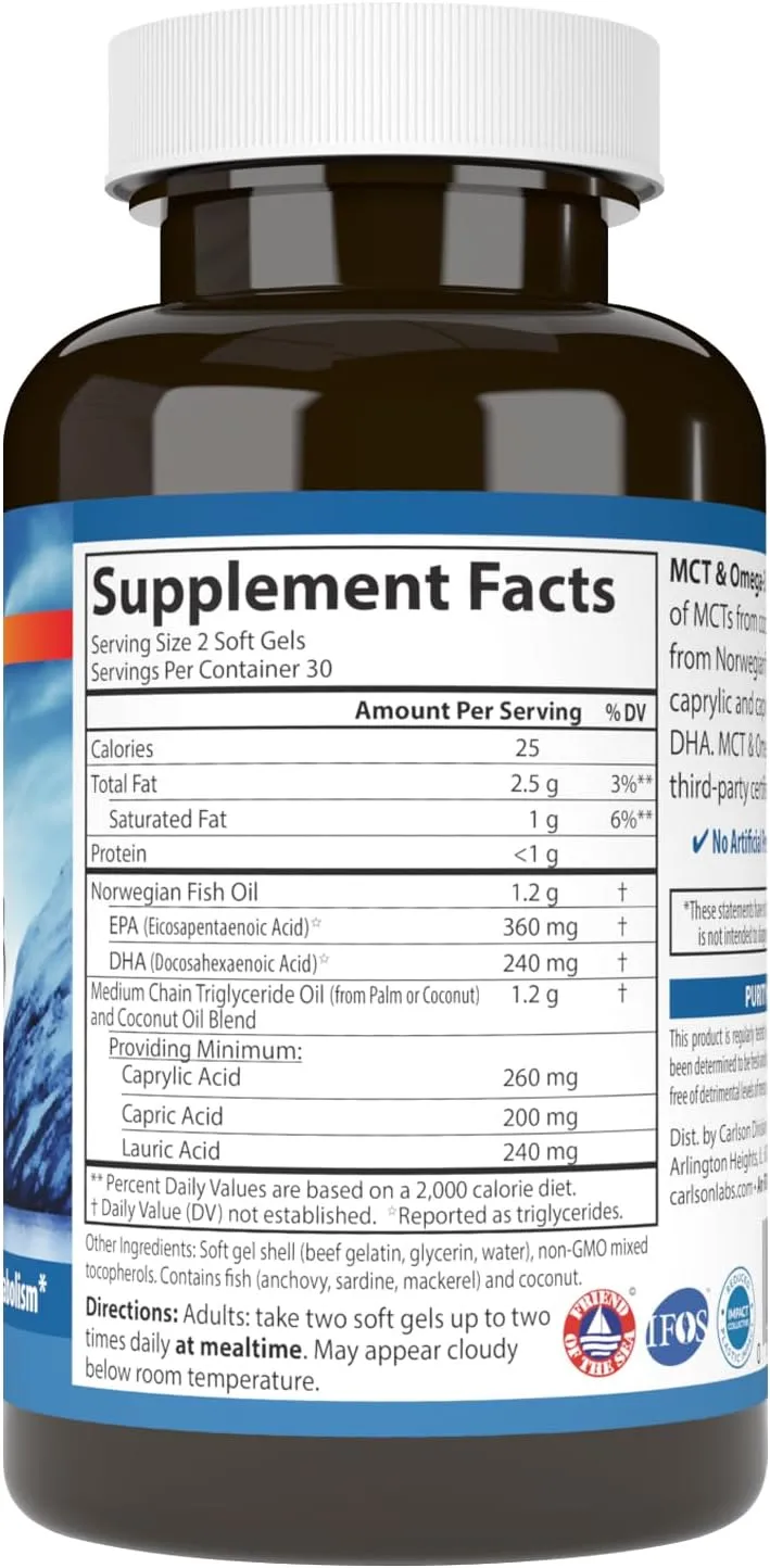 Carlson - MCT & Omega-3, Coconut Oil, Caprylic & Capric Acids, EPA & DHA, Energy Production, Fat Metabolism & Brain Health, 120 Softgels
