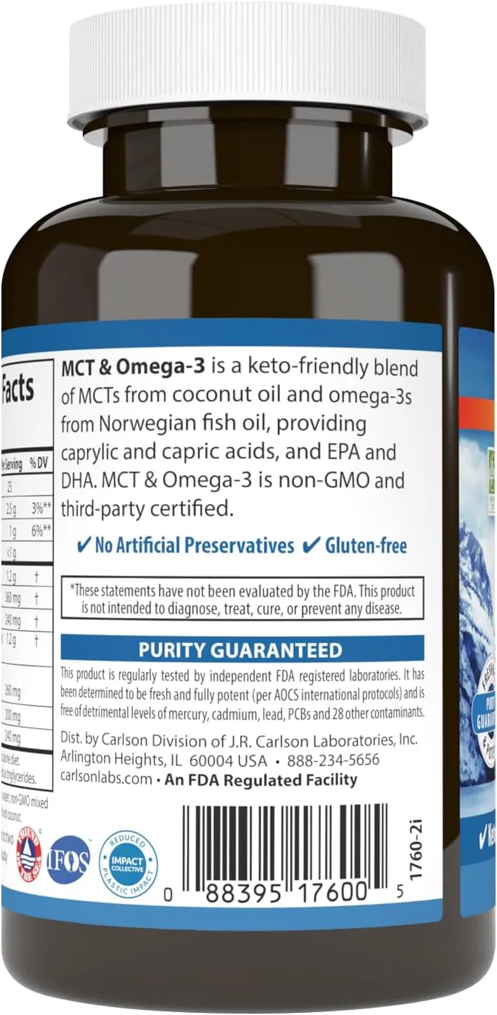 Carlson - MCT & Omega-3, Coconut Oil, Caprylic & Capric Acids, EPA & DHA, Energy Production, Fat Metabolism & Brain Health, 120 Softgels