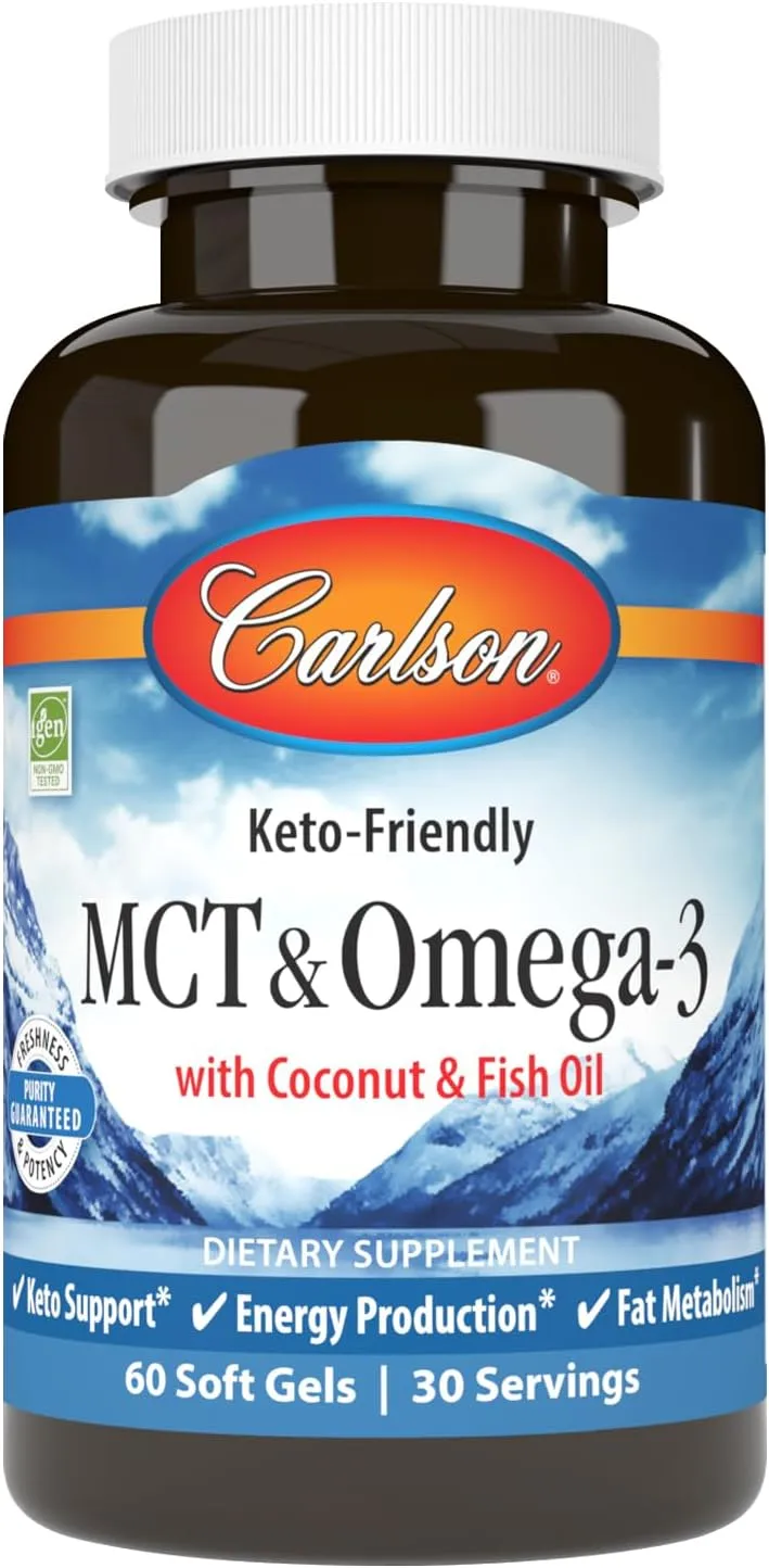 Carlson - MCT & Omega-3, Coconut Oil, Caprylic & Capric Acids, EPA & DHA, Energy Production, Fat Metabolism & Brain Health, 120 Softgels
