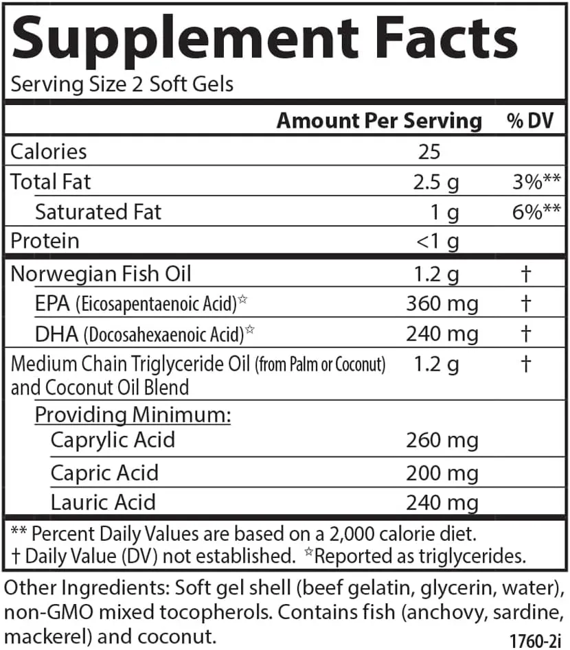 Carlson - MCT & Omega-3, Coconut Oil, Caprylic & Capric Acids, EPA & DHA, Energy Production, Fat Metabolism & Brain Health, 120 Softgels