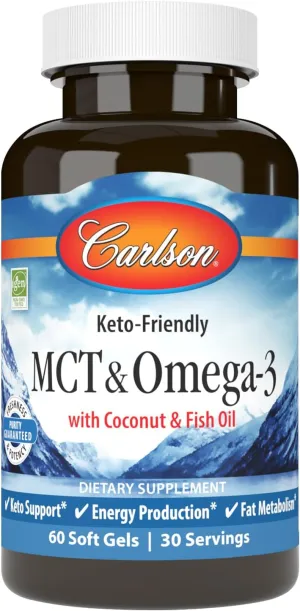 Carlson - MCT & Omega-3, Coconut Oil, Caprylic & Capric Acids, EPA & DHA, Energy Production, Fat Metabolism & Brain Health, 120 Softgels