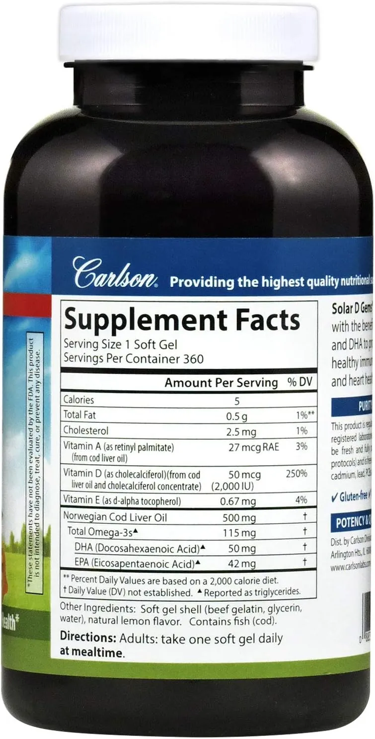 Carlson - Solar D Gems, Vitamin D3 and Omega-3 Supplement, 2000 IU Vitamin D3, 115 mg Omega-3s EPA and DHA, Vitamin D Fish Oil Capsule, Bone & Immune Health, Vitamin D Supplement, Lemon, 360 Softgels