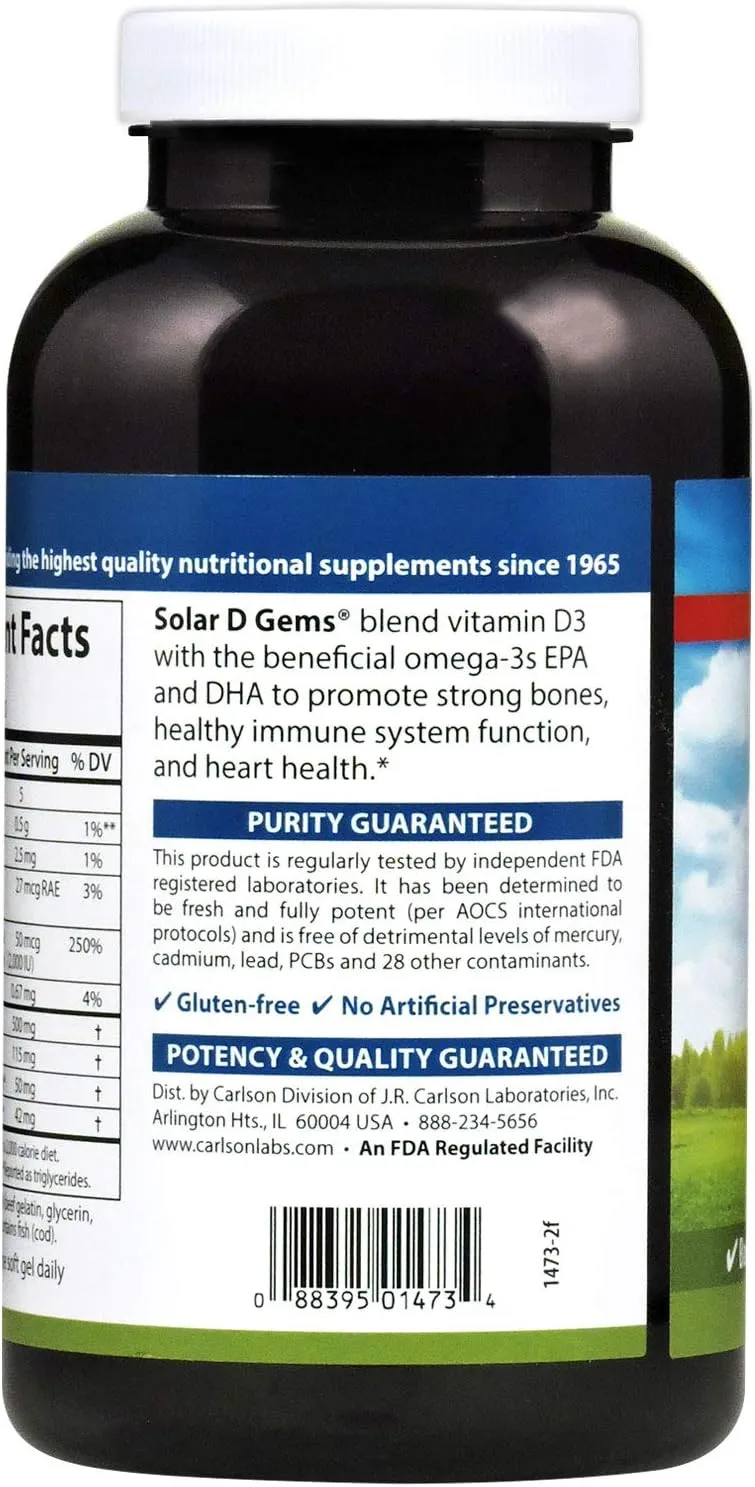 Carlson - Solar D Gems, Vitamin D3 and Omega-3 Supplement, 2000 IU Vitamin D3, 115 mg Omega-3s EPA and DHA, Vitamin D Fish Oil Capsule, Bone & Immune Health, Vitamin D Supplement, Lemon, 360 Softgels