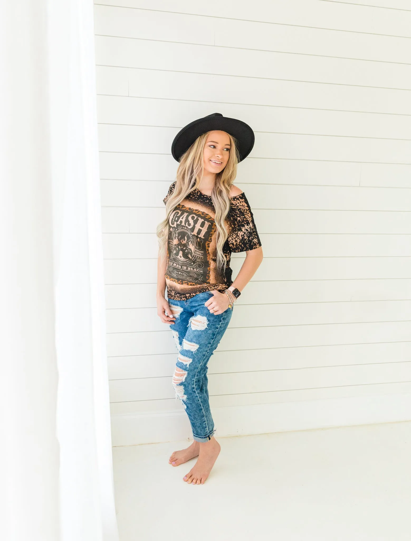 CASH Off Shoulder Bleached Graphic Tee