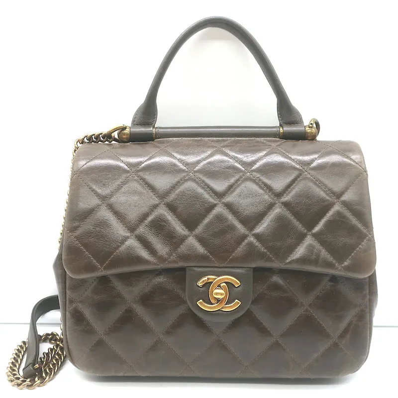 Chanel 2017 Gold Bar Top Handle Bag Dark Brown Quilted Leather Crossbody