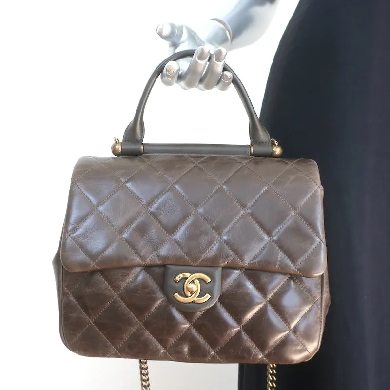 Chanel 2017 Gold Bar Top Handle Bag Dark Brown Quilted Leather Crossbody