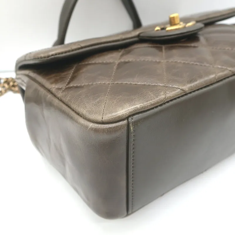 Chanel 2017 Gold Bar Top Handle Bag Dark Brown Quilted Leather Crossbody