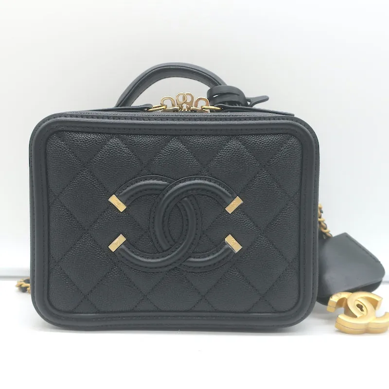 Chanel 2018 CC Filigree Small Vanity Case Black Caviar Leather Crossbody