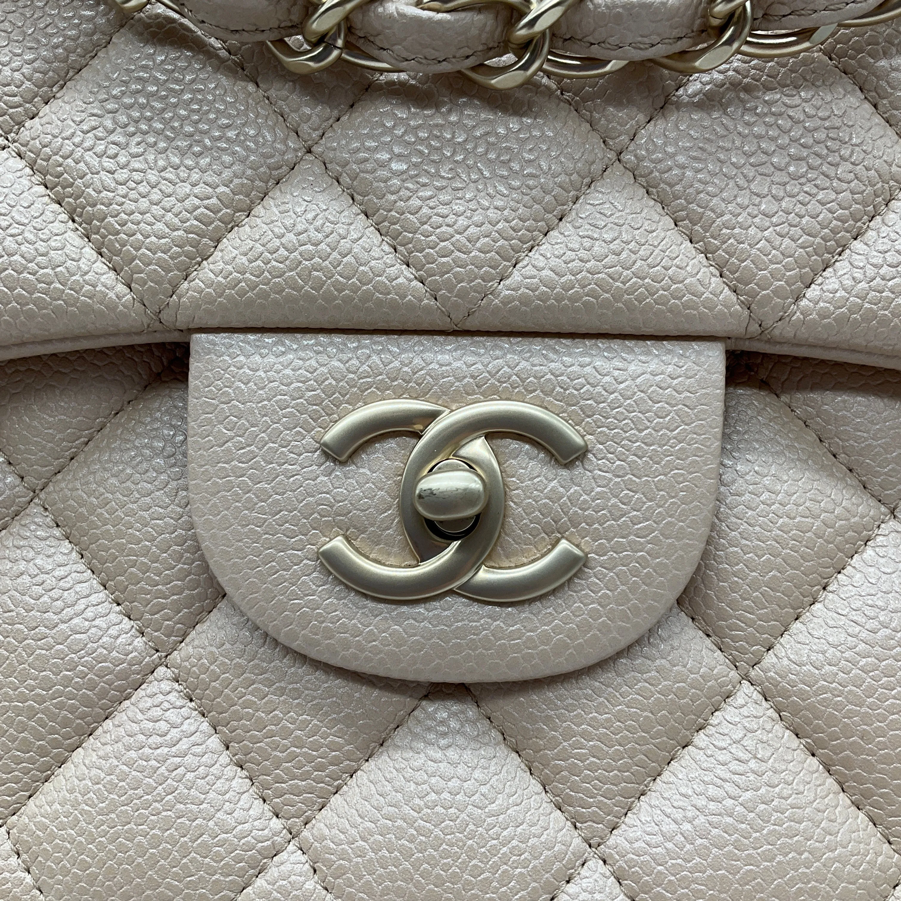 Chanel Light Beige 2015 Quilted Caviar Jumbo Classic Double Flap Bag