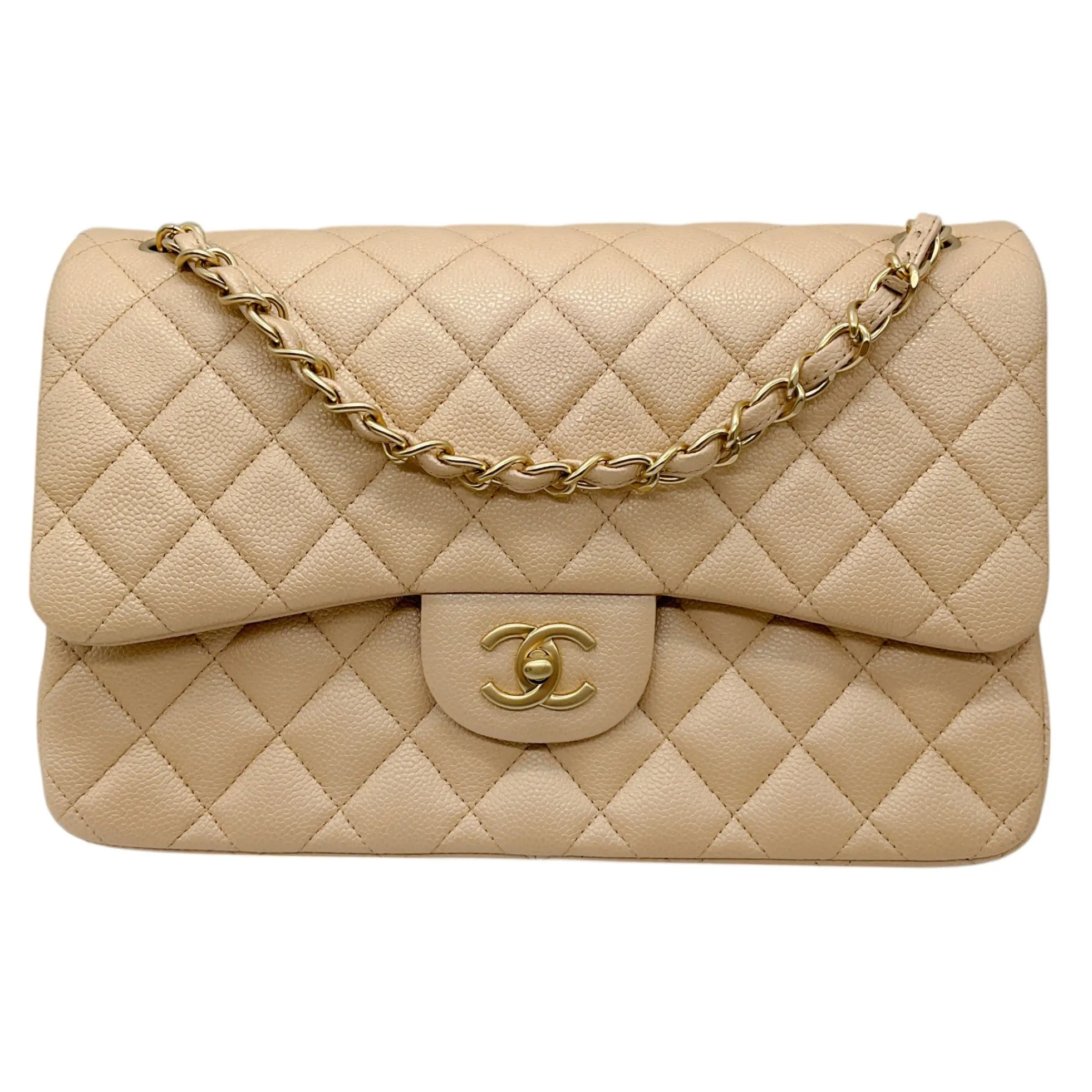 Chanel Light Beige 2015 Quilted Caviar Jumbo Classic Double Flap Bag