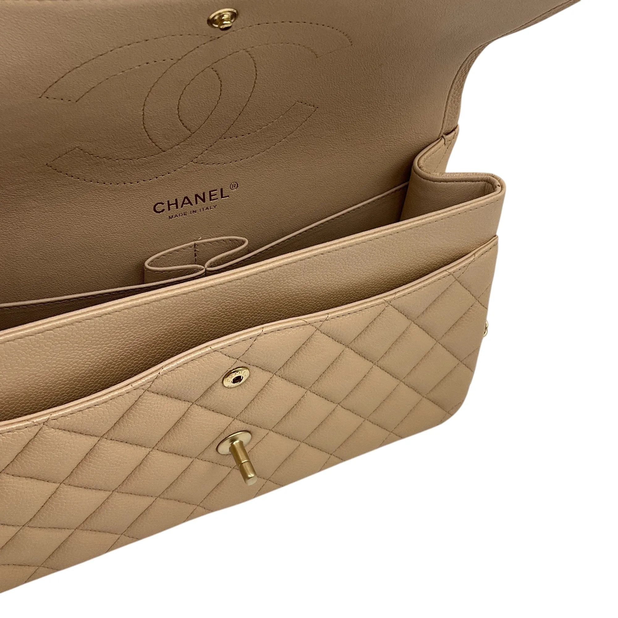 Chanel Light Beige 2015 Quilted Caviar Jumbo Classic Double Flap Bag