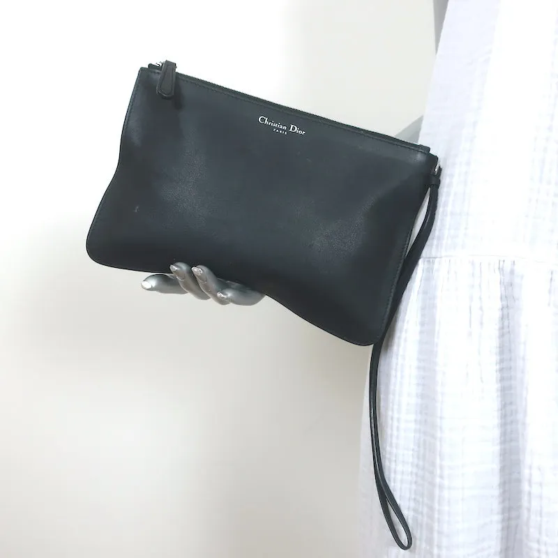 Christian Dior Wristlet Pouch Black Leather Small Flat Clutch